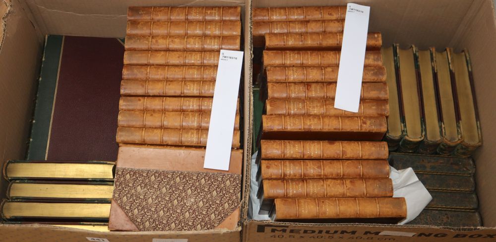 Bindings, etc, Thackeray, Works, 26 vols, Smith, Edler & Co; Scott, Works, 25 vols, Ward Lock, Bowden & Co (illus) and Byron, Works,